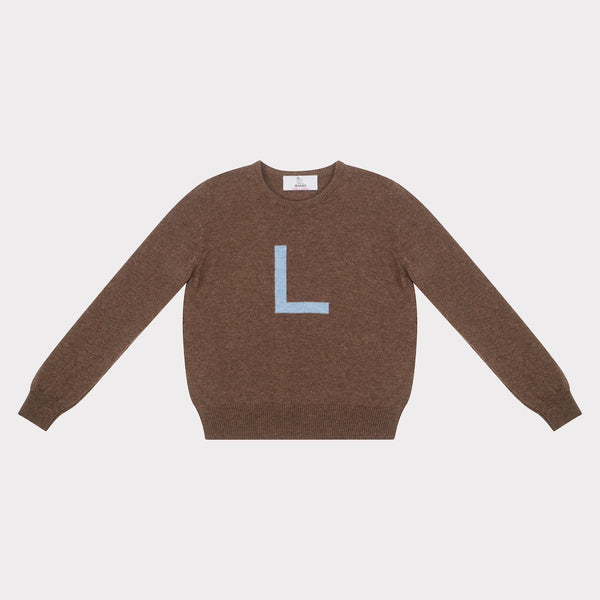 HADES Brown jumper with a blue letter 'L' 