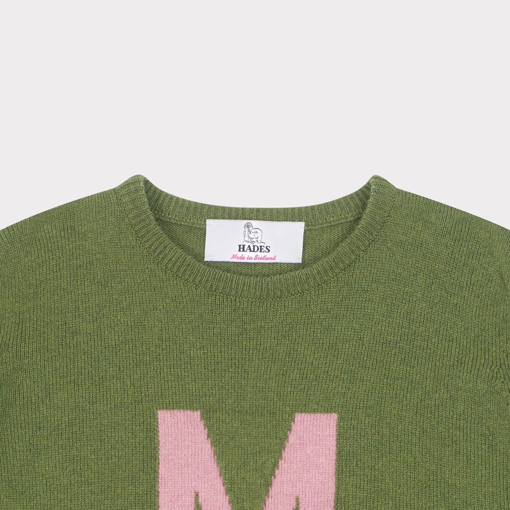 Neck detail image of the 'M' knit from the new Alphabet collection 