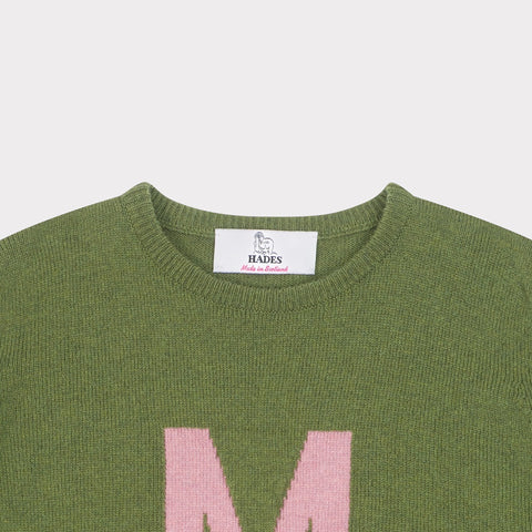 Neck detail image of the 'M' knit from the new Alphabet collection 