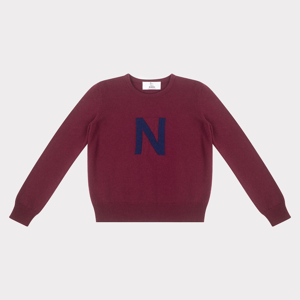 HADES burgundy jumper with a blue 'N' 
