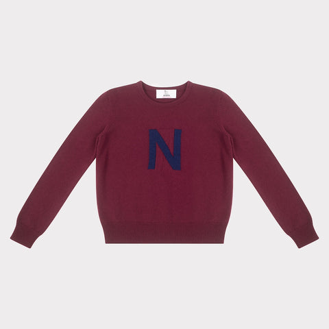 HADES burgundy jumper with a blue 'N' 