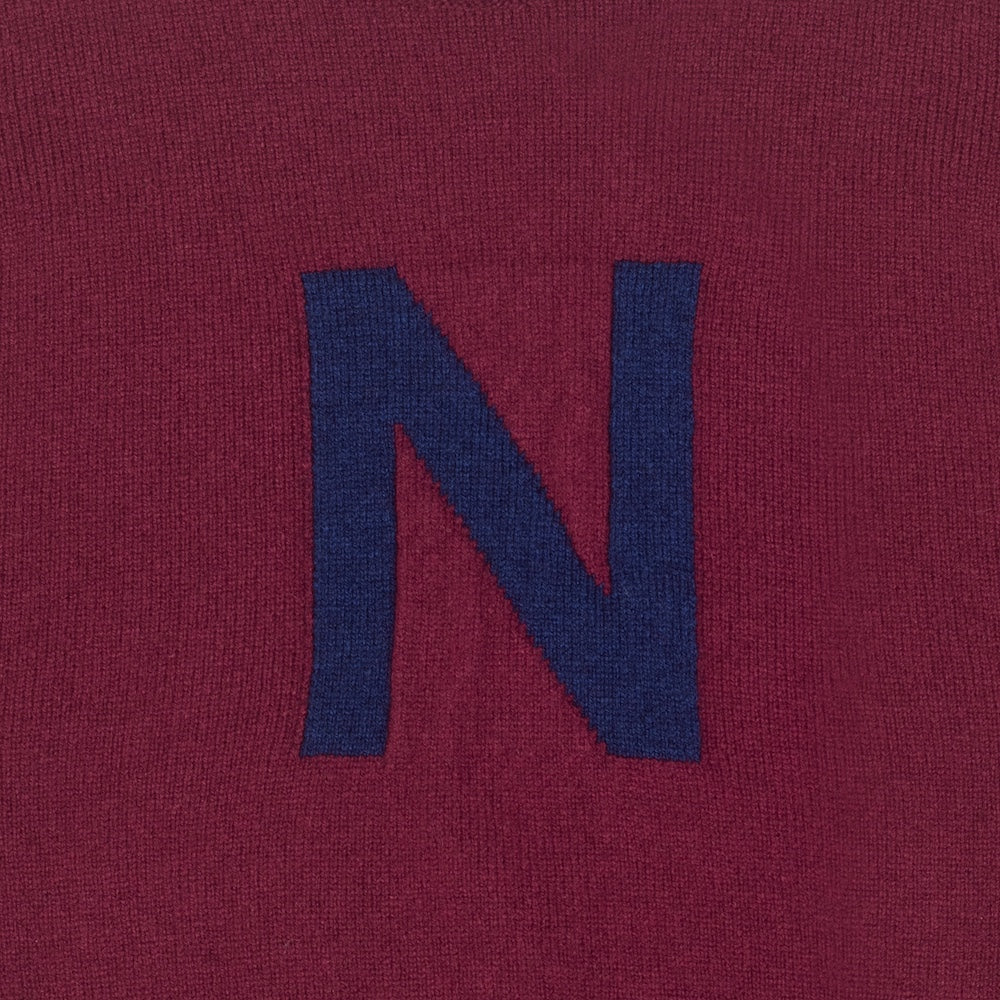 HADES burgundy jumper with a blue letter 'N' detail