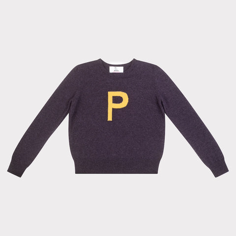 Dark purple jumper with a yellow letter 'P' 