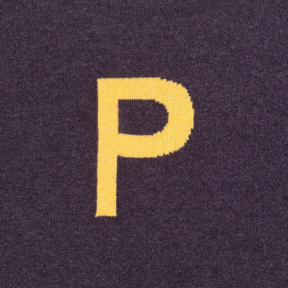 HADES Dark purple jumper with a yellow letter 'P' detail shot