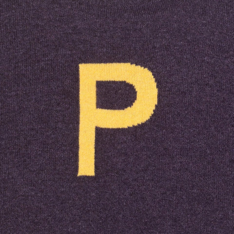 HADES Dark purple jumper with a yellow letter 'P' detail shot