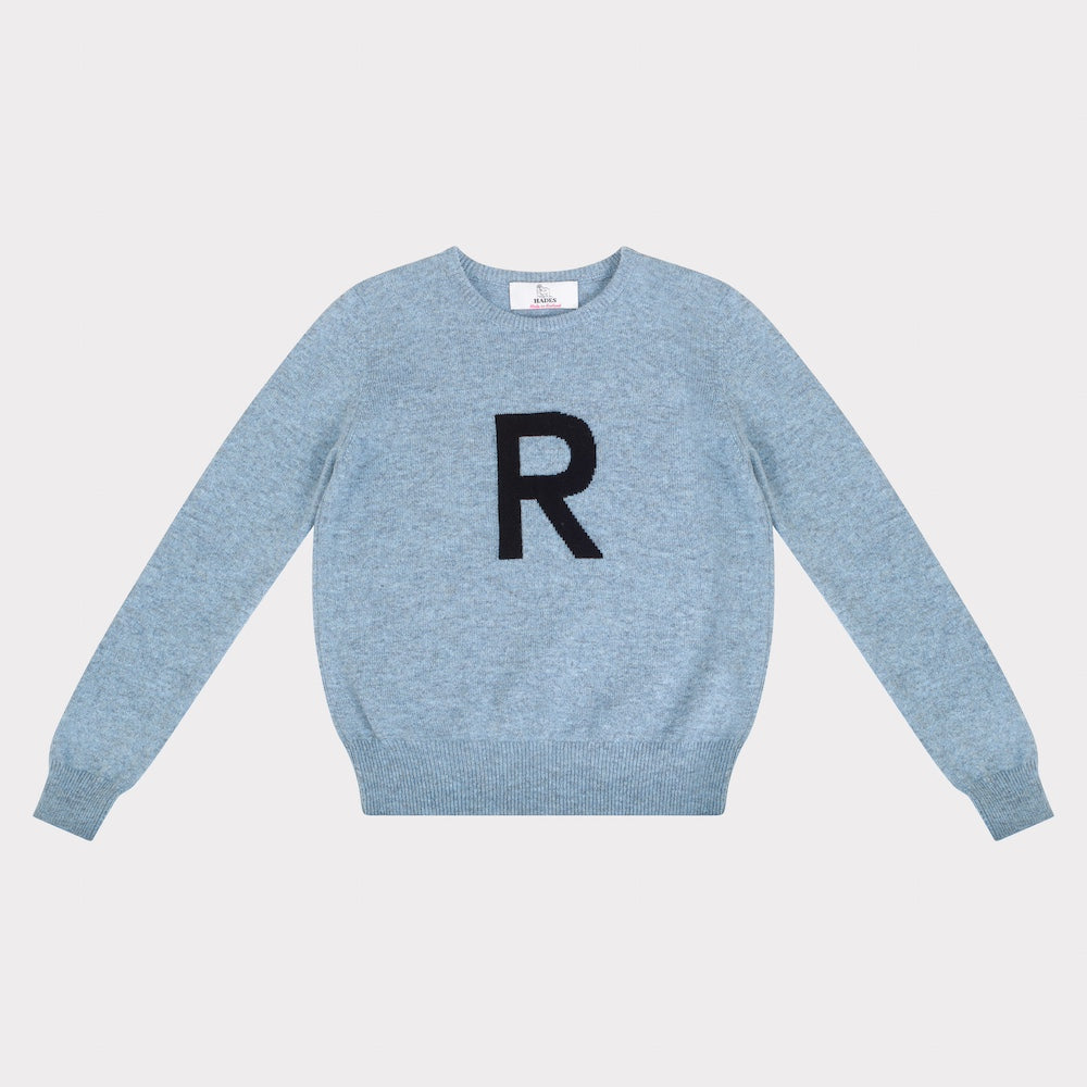 HADES light blue jumper with a navy letter 'R' 