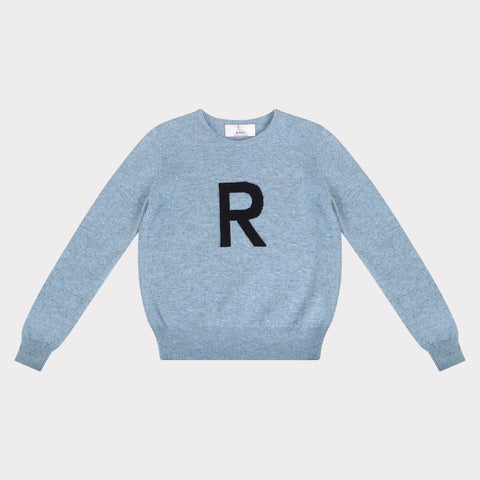 HADES light blue jumper with a navy letter 'R' 