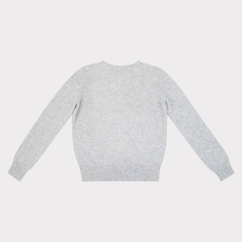 HADES grey sweater with a navy blue letter 'T' back
