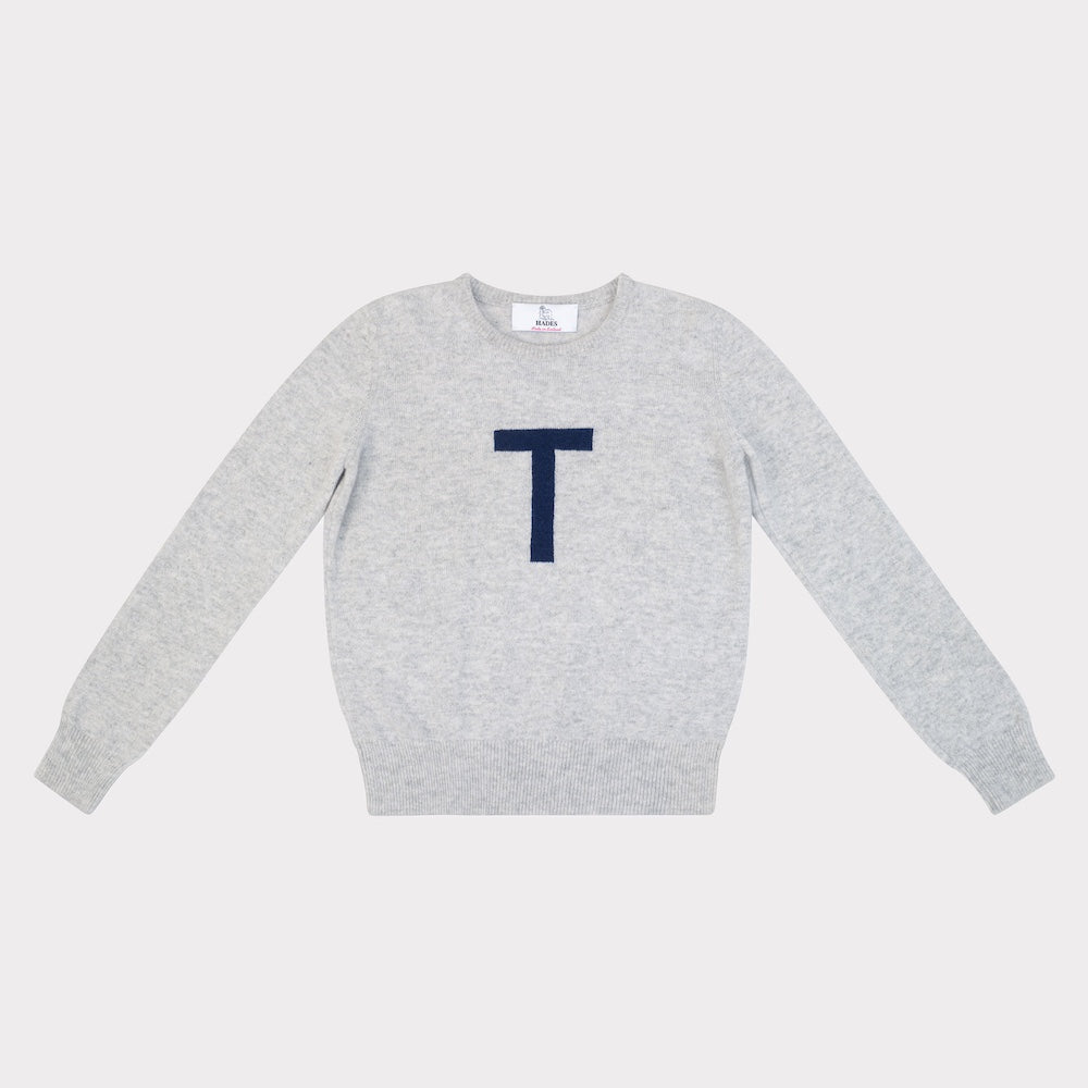 HADES grey sweater with a navy blue letter 'T' 