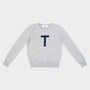 HADES grey sweater with a navy blue letter 'T' 