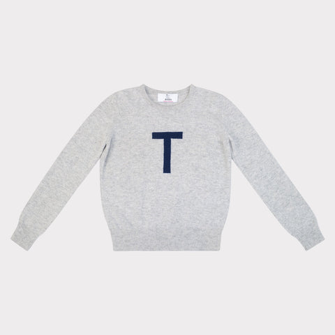 HADES grey sweater with a navy blue letter 'T' 