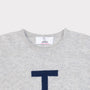 HADES grey sweater with a navy blue letter 'T' necklabel