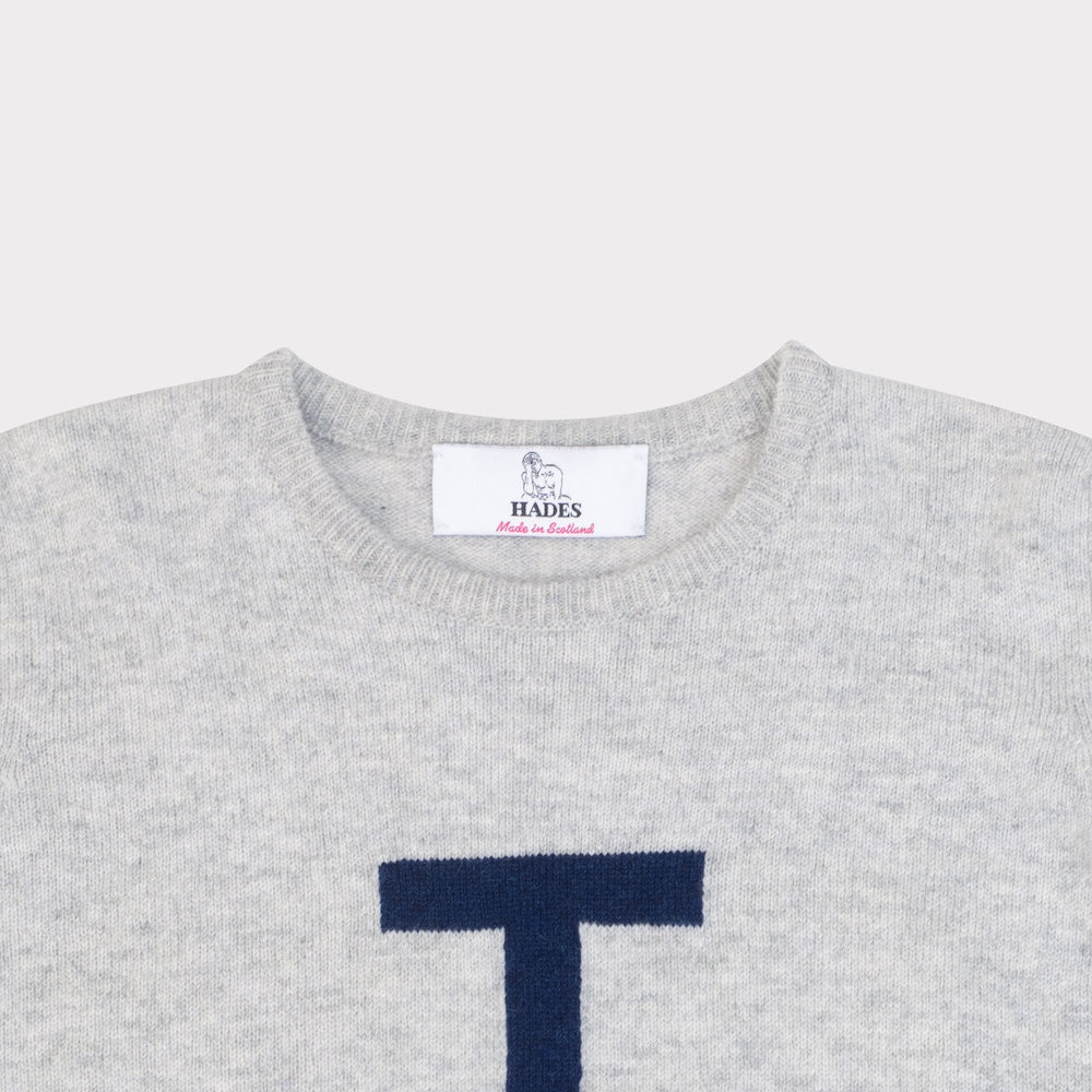 HADES grey sweater with a navy blue letter 'T' necklabel