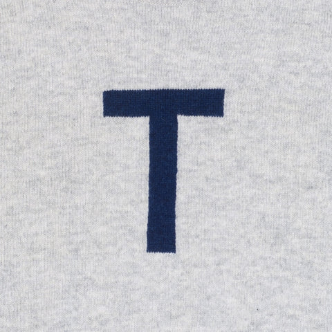 HADES grey sweater with a navy blue letter 'T'  slogan