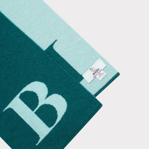 Flat image of the detail and label of the  'B' scarf.