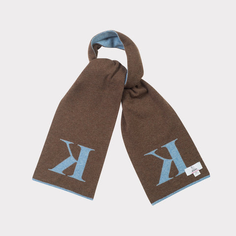 HADES Alphabet letter K scarf in blue and brown tied