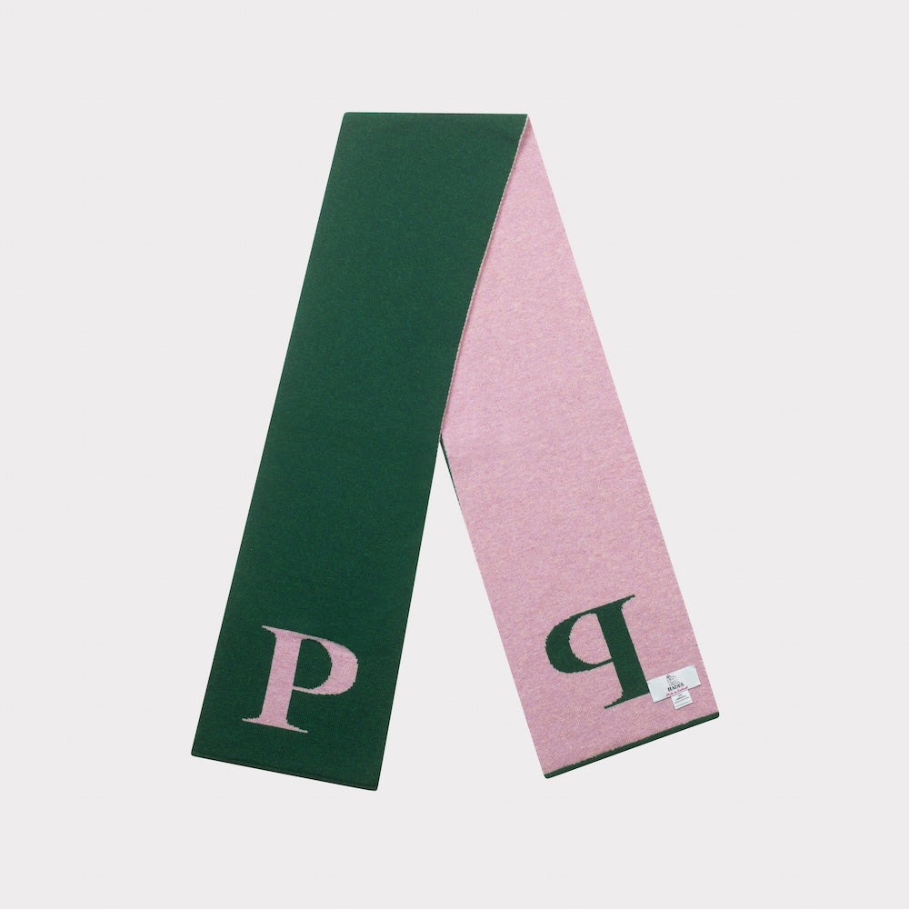 HADES Alphabet, green and pink scarf with 'P' letter folded