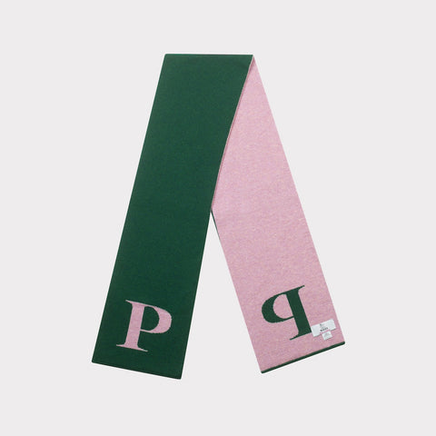 HADES Alphabet, green and pink scarf with 'P' letter folded