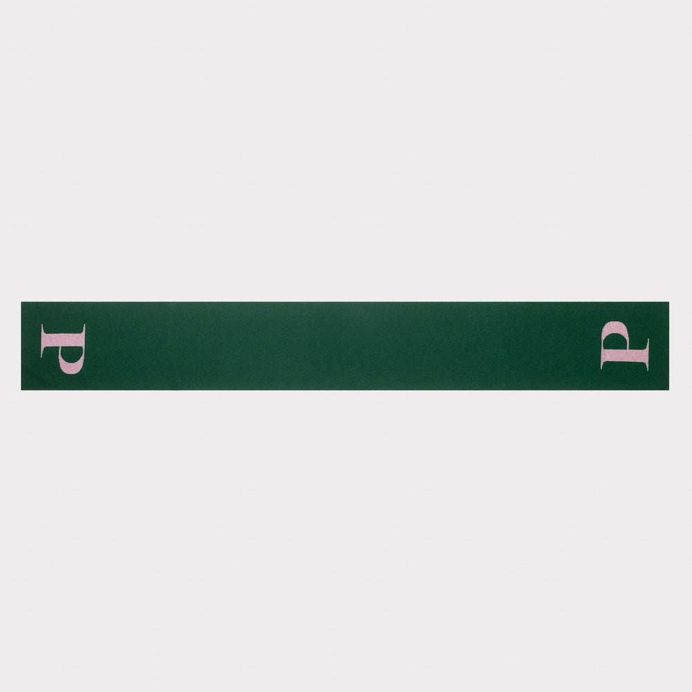 HADES Alphabet, green and pink scarf with 'P' letter flatlay