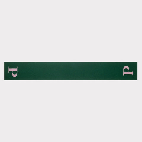 HADES Alphabet, green and pink scarf with 'P' letter flatlay