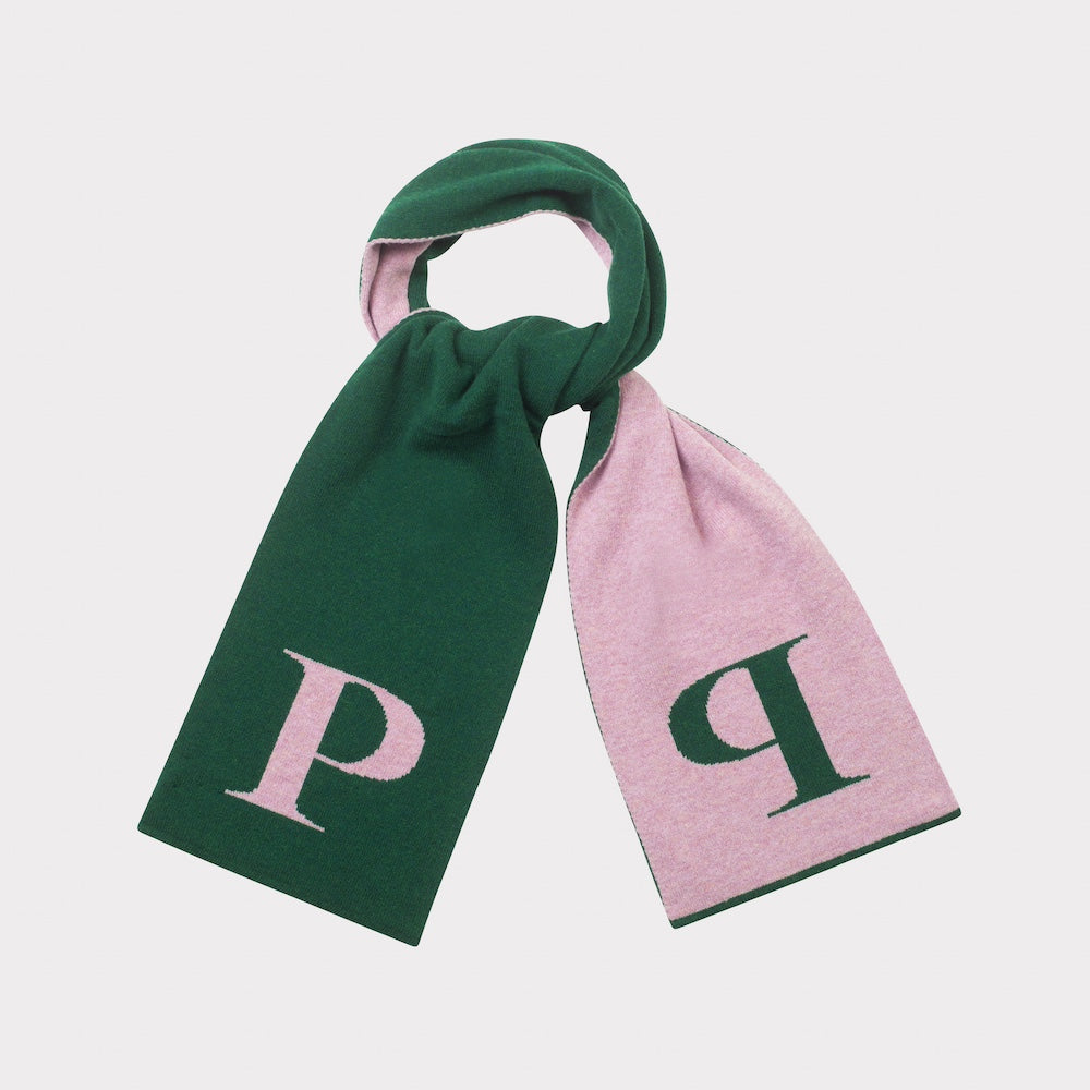 HADES Alphabet, green and pink scarf with 'P' letter
