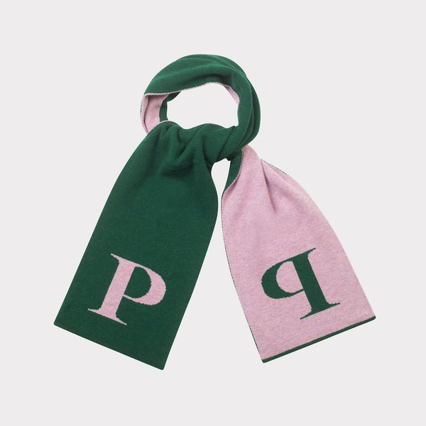 HADES Alphabet, green and pink scarf with 'P' letter
