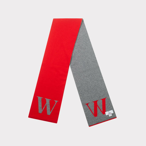 HADES red and gray Alphabet scarf with letter 'W' folded