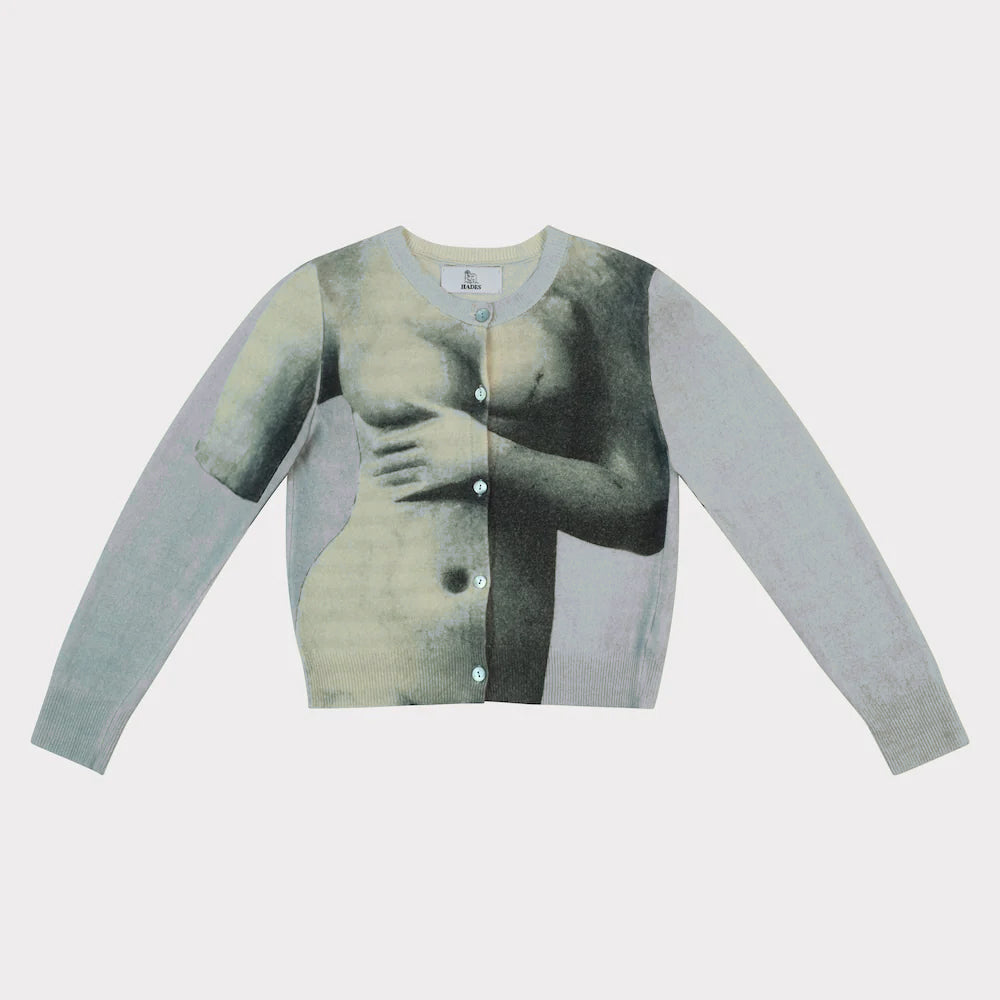 Cardigan with a printed design on a light gray background