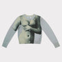 Cardigan with a printed design on a light gray background