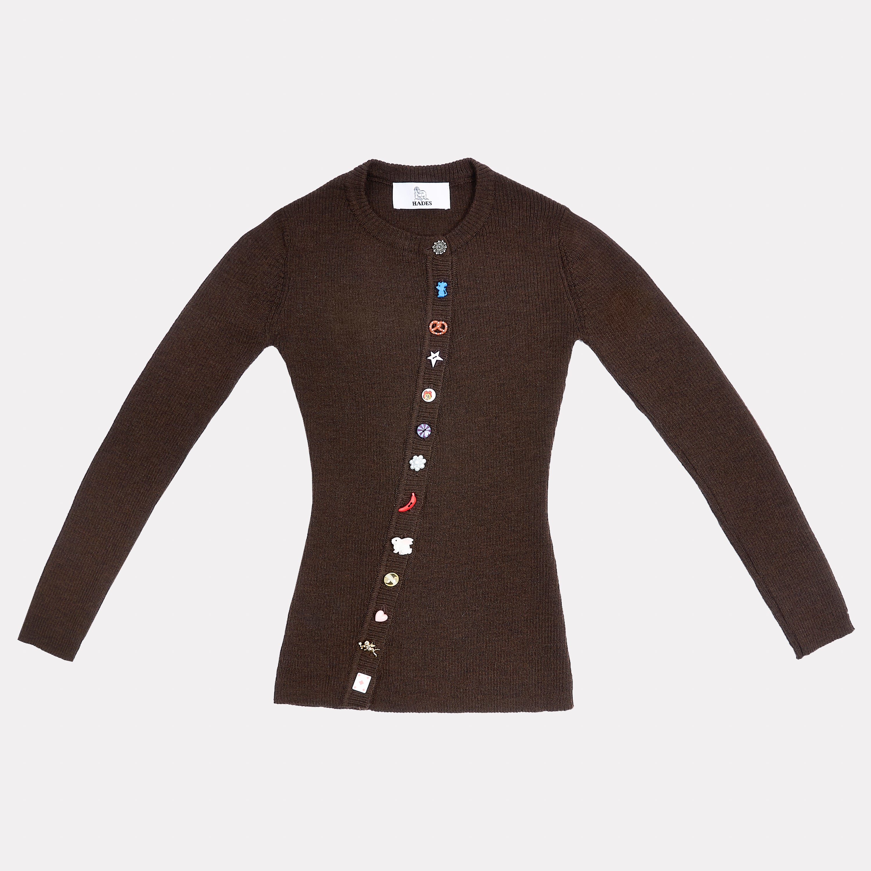 Flatshot of the front of the Brown Asymmetrical cardigan.