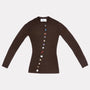 Flatshot of the front of the Brown Asymmetrical cardigan.