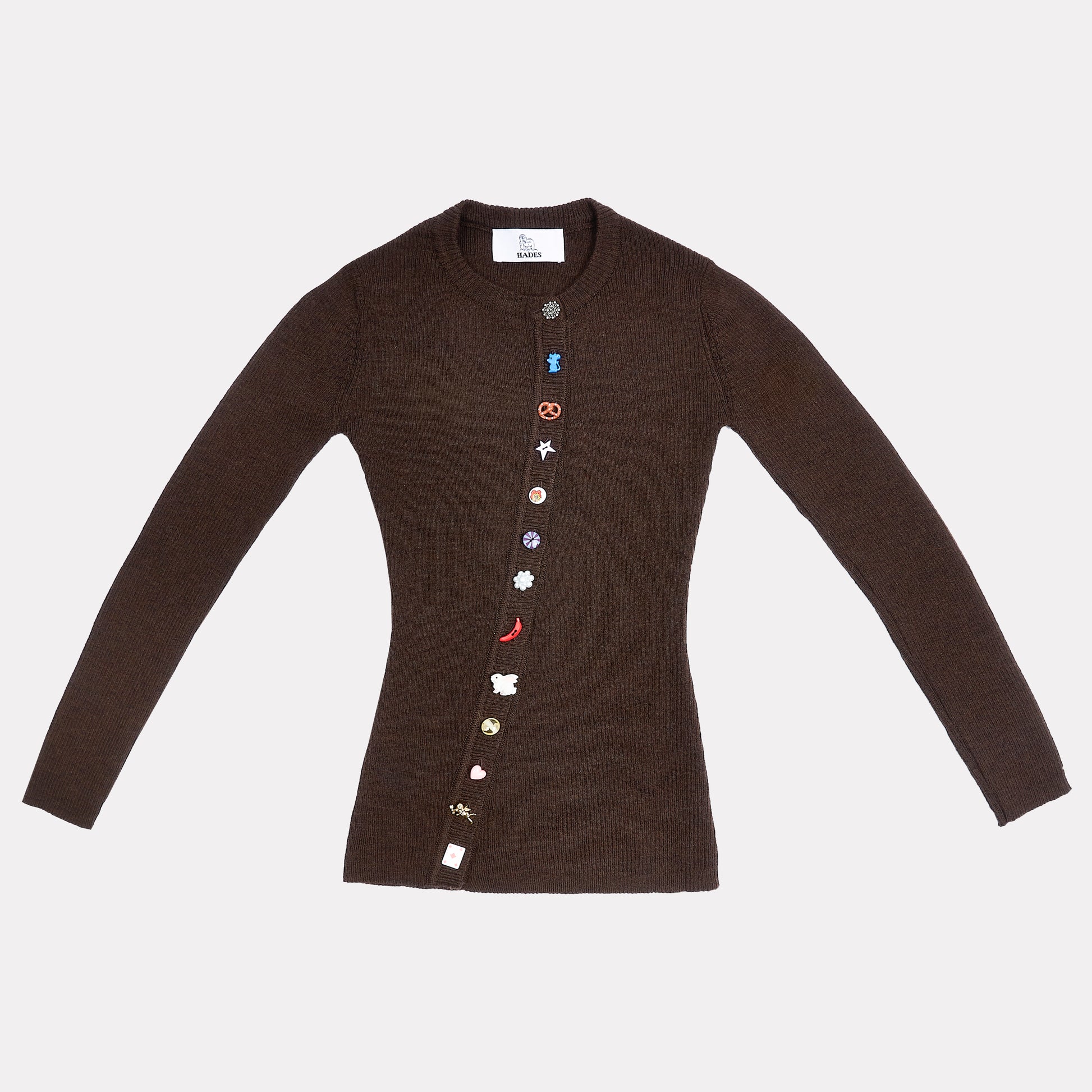 Flatshot of the front of the Brown Asymmetrical cardigan.