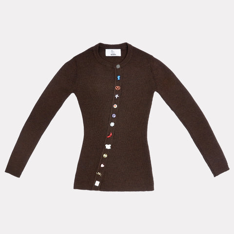 Flatshot of the front of the Brown Asymmetrical cardigan.