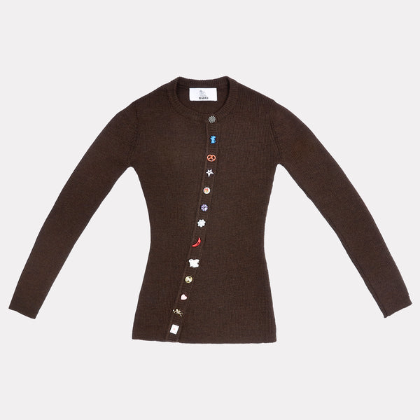 Flatshot of the front of the Brown Asymmetrical cardigan.