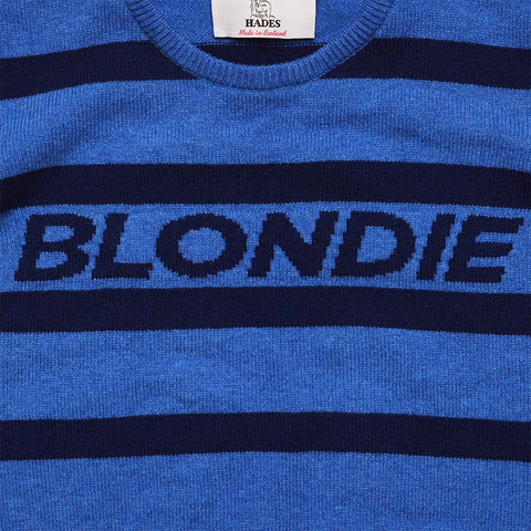 Close up shot of the Blondie slogan on the blue striped jumper
