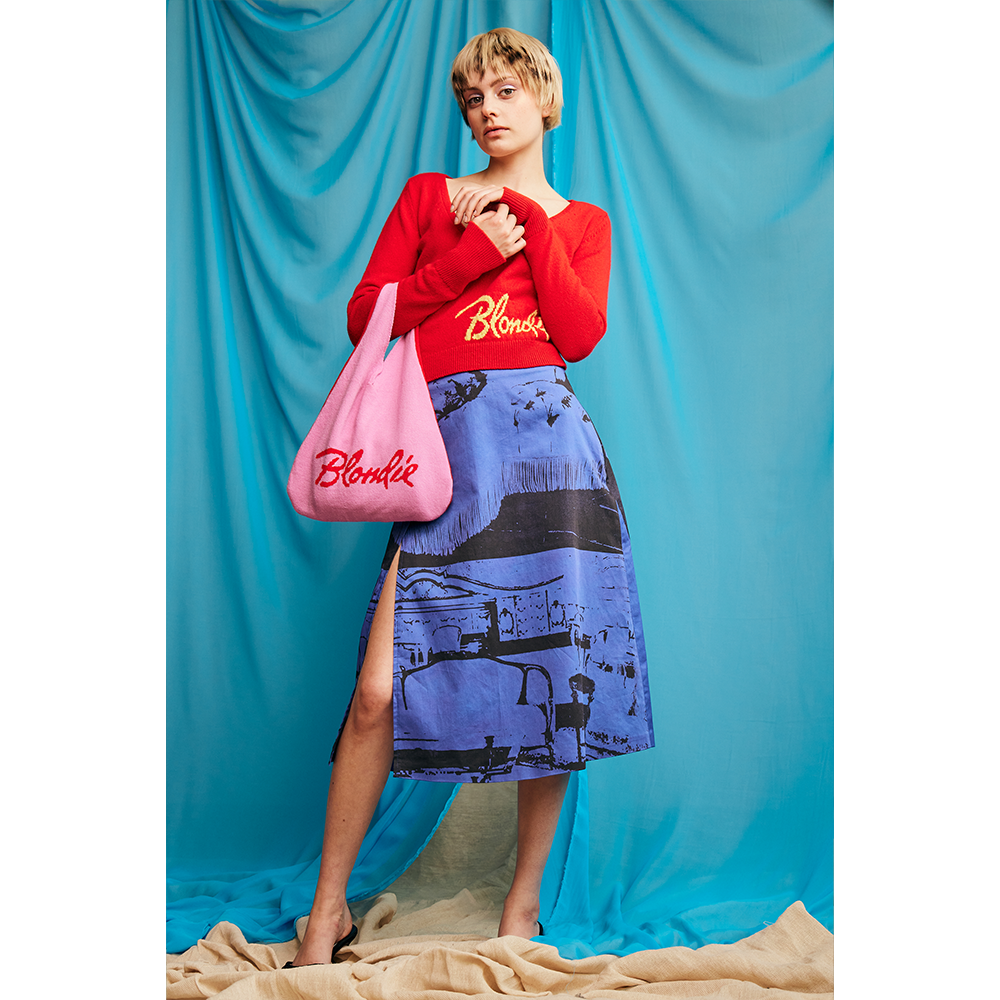 Model wearing Blondie collab pieces