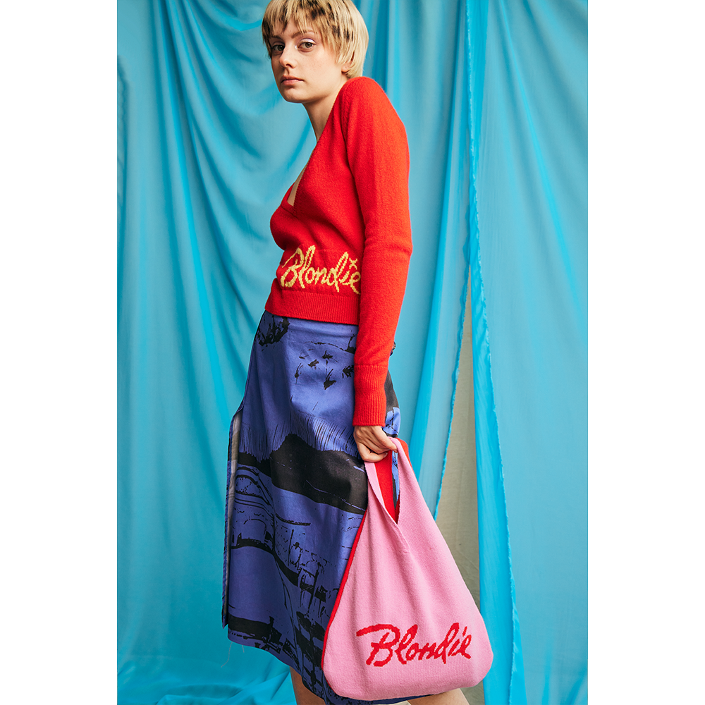 Model wearing Blondie collab pieces