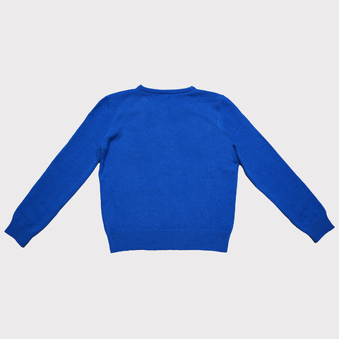 Back flat shot of the blue and pink 'Call Me' Blondie jumper 