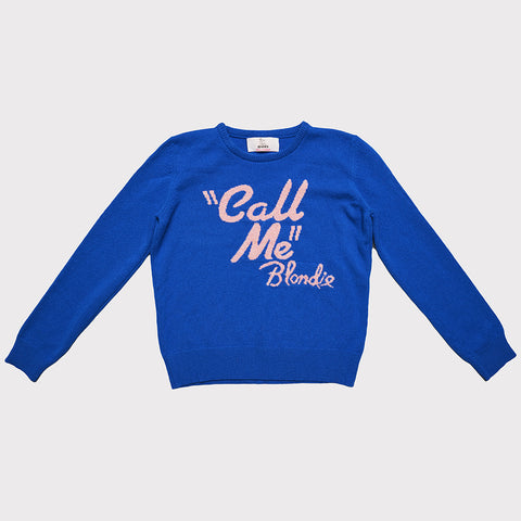 Front flat shot of the blue and pink 'Call Me' Blondie jumper  