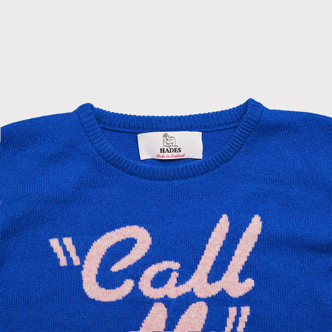 Close up of the blue and pink 'Call Me' Blondie jumper