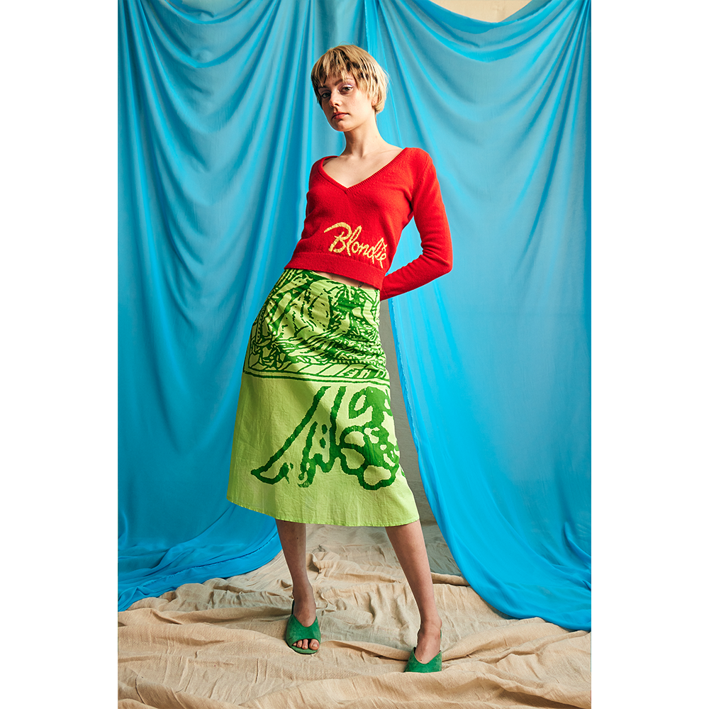 Model wearing HADES Blondie 'Debbie' jumper
