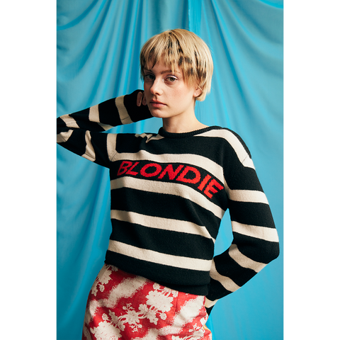 Model wearing HADES Blondie Parallel Lines jumper