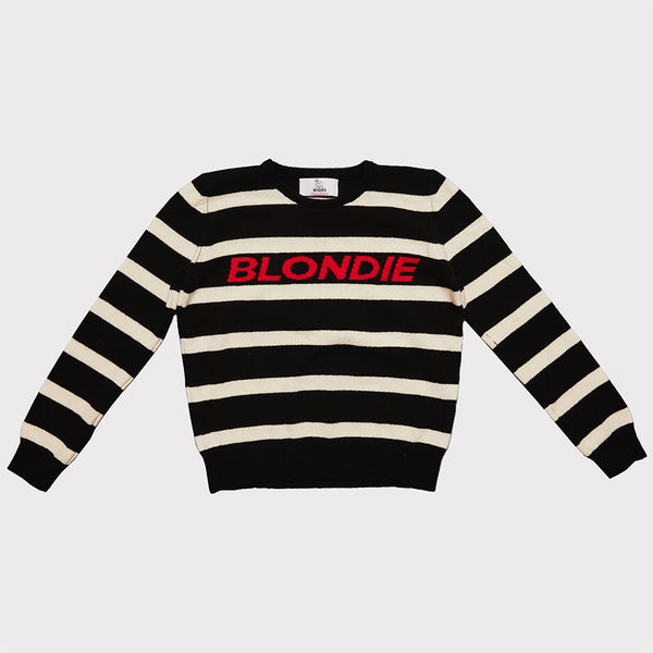 Front flat shot of the black and white striped Blondie jumper