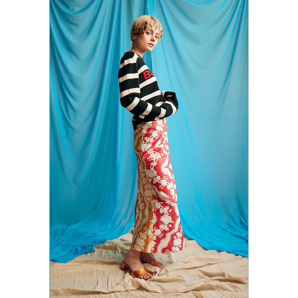 Model wearing HADES Blondie Parallel Lines jumper