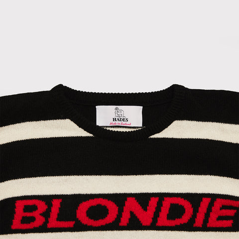 Close up of the black and white Blondie striped jumper