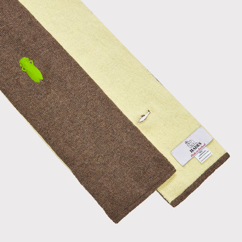 Flatshot image of label and button detail of Insect Scarf