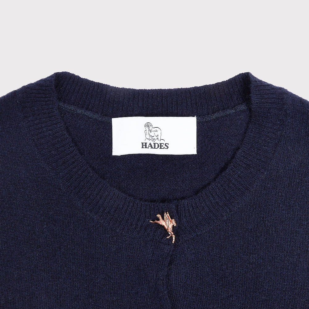 Image of the neckline on the HADES Misfortune Charm Cardigan