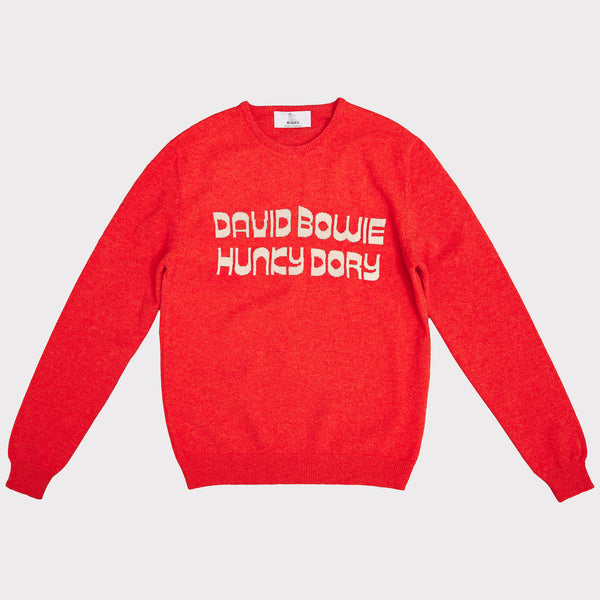 Front flat shot of the orange and oatmeal men's 'Hunky Dory' David Bowie jumper