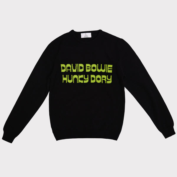 Front flat shot of the black and lime men's 'Hunky Dory' Bowie jumper