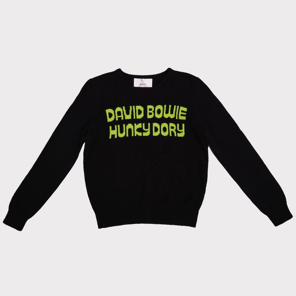 Front flat shot of the black and lime women's 'Hunky Dory' Bowie jumper